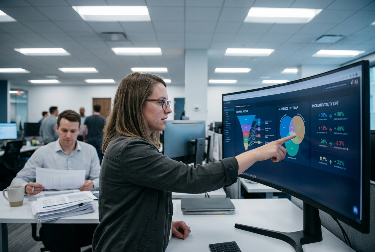 Analyst reviewing Amazon Marketing Cloud incrementality and attribution data at Amazing Agency